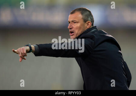 Bruges, Belgique. Feb 23, 2019. BRUGES, BELGIQUE - 23 février : Laurent Guyot, l'entraîneur-chef de cercle, au cours de la Jupiler Pro League matchday 27 entre Cercle Brugge et KV Oostende sur février 23, 2019 à Bruges, Belgique. (Photo de Frank Abbeloos/Isosport) Credit : Pro Shots/Alamy Live News Banque D'Images