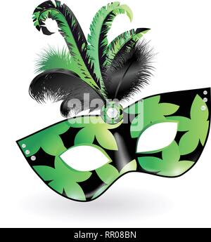 Masque de carnaval avec plumes lilas noir vert sur fond blanc. Carnaval heureux concept de fête. Vector illustration . Mardi gras Illustration de Vecteur