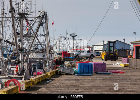 Scène au bord de l'occupation d'un navire de pêche commerciale à un quai de déchargement à Steveston Harrbour Banque D'Images