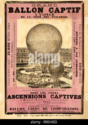 Broadside annonçant l'ascension d'Henri Giffard géant du ballon captif de la cour du jardin des Tuileries, Paris, probablement au cours de l'Exposition de Paris de 1878. Banque D'Images