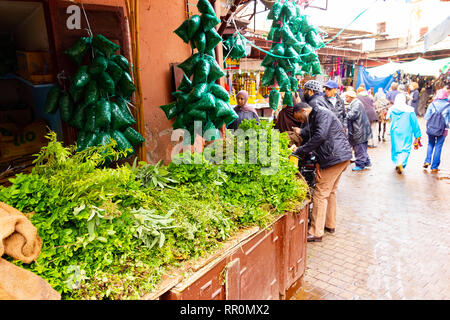 Marrakech, Maroc. Le 10 novembre 2018. La menthe, les herbes dans le traditionnel marché de Marrakech à Marrakech médina Banque D'Images