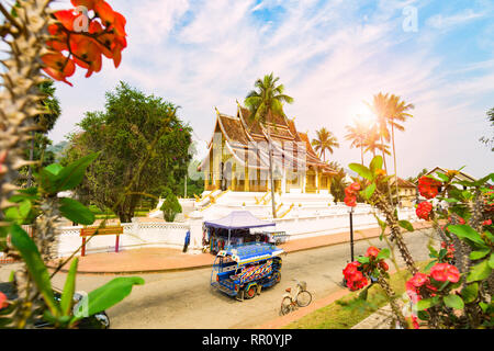 Vue imprenable sur un tuk tuk (pousse-pousse) en passant en face de la belle Haw Pha Bang Temple. Banque D'Images