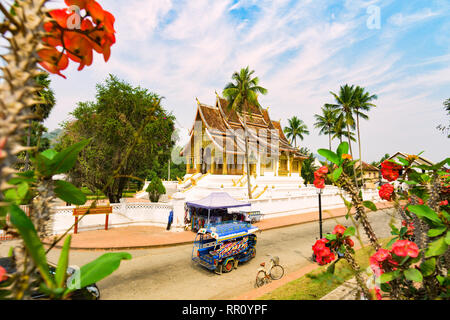 Vue imprenable sur un tuk tuk (pousse-pousse) en passant en face de la belle Haw Pha Bang Temple. Banque D'Images