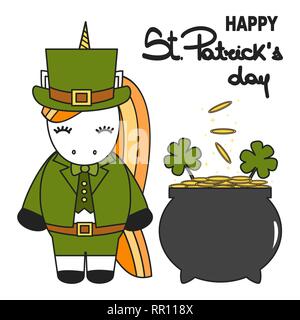 Cute cartoon hand drawn vector lettrage happy St Patrick's Day avec unicorn leprechaun, trèfles et pot d'or Illustration de Vecteur