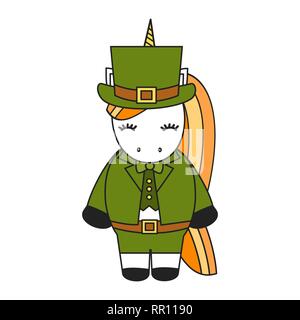 Cute cartoon vector St Patrick's Day the leprechaun unicorn isolé sur fond blanc Illustration de Vecteur