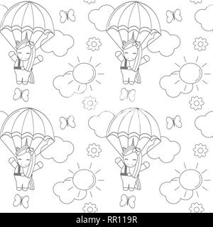 Lovely cute cartoon noir et blanc flying unicorn avec drôle de parachute de fond vectoriel continu l'illustration de l'art à colorier Illustration de Vecteur
