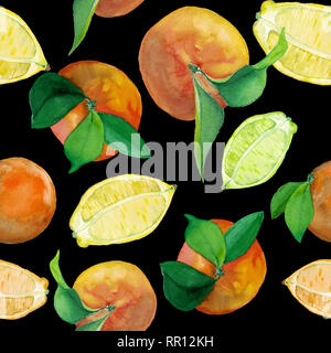 Aquarelle de transparente les agrumes frais- citron et oranges sur fond noir. Les fruits avec les feuilles et couper au milieu. Banque D'Images