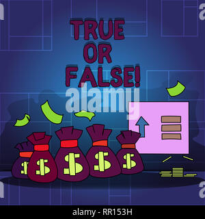 Texte de l'écriture vraie ou fausse. Sens Concept décider entre un fait ou dire un mensonge doute confusion Banque D'Images