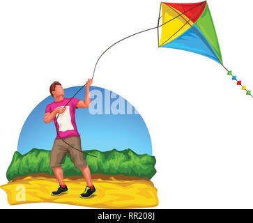 L'homme jouant avec kite Illustration de Vecteur