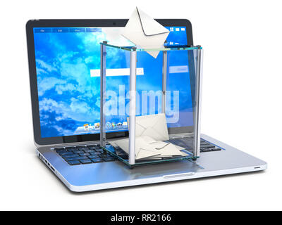 Le vote en ligne. Boîte de scrutin sur les ordinateurs portables et de bulletin de vote isolé sur blanc. 3d illustration Banque D'Images