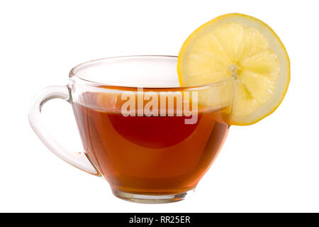 Avec une tasse de thé au citron tranche isolé sur fond blanc Banque D'Images