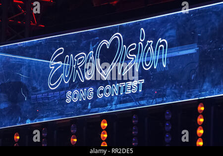 Logo du Concours Eurovision de la chanson est visible pendant l'Eurovision Song Contest 2019 (ESC) final de sélection nationale à Kiev. La chanteuse ukrainienne sera MARUV représente l'Ukraine au cours de l'Eurovision 2019 contest à Tel-Aviv en mai 2019. Banque D'Images