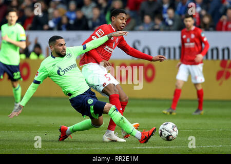 Mainz, Allemagne. Feb 23, 2019. Omar Mascarell (L) avant de Schalke 04 rivalise avec Jean-Paul Boetius De Mayence au cours de la Bundesliga match entre FSV Mainz 05 et le FC Schalke 04 à Mayence, en Allemagne, le 23 février 2019. Mayence a gagné 3-0. Credit : Joachim Bywaletz/Xinhua/Alamy Live News Banque D'Images