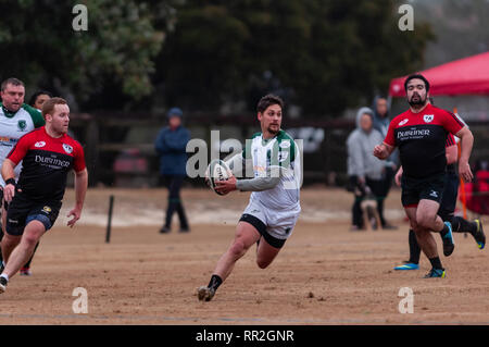 Southern Pines, North Carolina, USA. Feb 23, 2019. 23 février 2019 - Southern Pines, NC, USA - Caroline du Geographic Rugby Union men's rugby action entre les pins du sud ''Big'' Les cônes et Charleston (Caroline du Sud) hors-la-Rugby Football Club au Twin ferme des champs. Arrêt de pins du sud de Charleston, 105-0. Credit : Timothy L. Hale/ZUMA/Alamy Fil Live News Banque D'Images