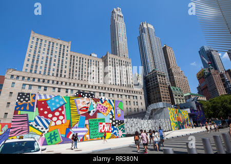 Deux World Trade Center murale, Lower Manhattan, New York, New York, USA Banque D'Images