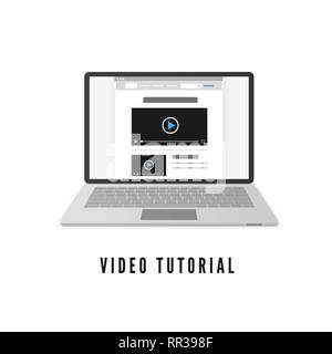 Tutoriel vidéo. Ordinateur portable avec site sur moniteur. Vector illustration isolé sur fond blanc Illustration de Vecteur
