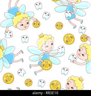 Une fée de dent à l'aide d'une pièce ont effectué plus d'une dent de lait de bébé. Seamless Vector modèle dans un style de dessin animé pour les enfants : stomatologie ou pour un enfant dentiste Illustration de Vecteur