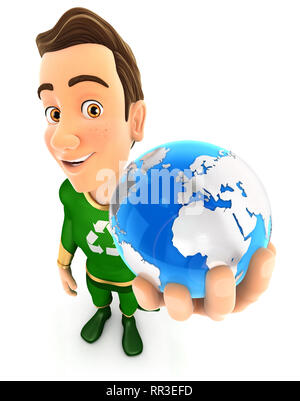 Vert 3d hero holding blue earth, illustration avec fond blanc isolé Banque D'Images