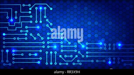 Le dessin du circuit électronique moderne sur les cellules et l'arrière-plan lumineux bleu Illustration de Vecteur