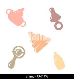Définissez les éléments d'icônes pour le bébé. Illustration vectorielle. Une bouteille de lait, une sucette, un hochet et un jouet Illustration de Vecteur