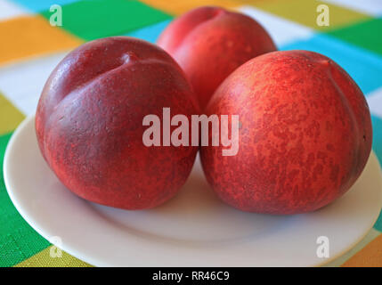 Close Up de trois nectarines mûres fraîches Fruits servis sur plaque blanche Banque D'Images