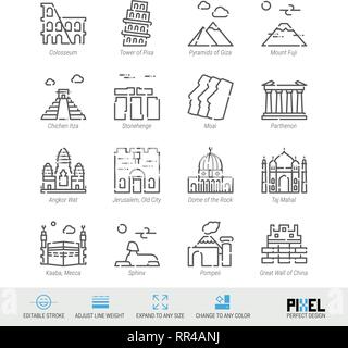 L'icône de la ligne du vecteur défini. Sites touristiques monde linéaire connexe d'icônes. Repères anciens symboles, pictogrammes, signes Illustration de Vecteur