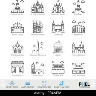 L'icône de la ligne du vecteur défini. Sites touristiques monde linéaire connexe d'icônes. Repères anciens symboles, pictogrammes, signes Illustration de Vecteur