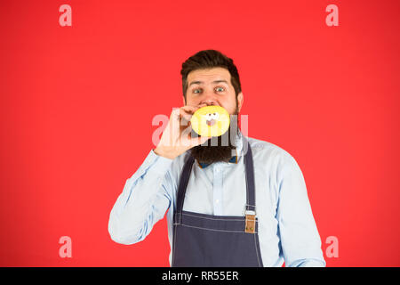 Barbu hippie baker tenir beigne glacé sur fond rouge. Faits sur le sucre. Aucun moyen. Cafe and Bakery concept. Sweet donut de Baker. Barbu homme Baker en tablier de cuisine tenir cute dessert. Banque D'Images