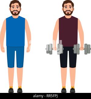 L'athlète masculin barbu est titulaire d'haltères, le mec joue le sport, l'homme effectue des exercices physiques. caractère dans un style cartoon Illustration de Vecteur