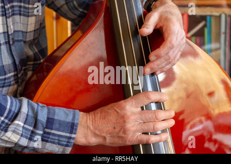 Détail de deux mains jouant une contrebasse Banque D'Images