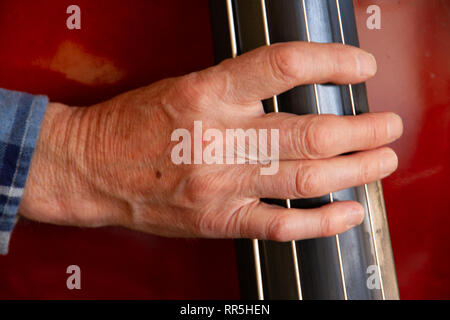 Close-up de la main d'un homme sur le manche d'une contrebasse. Banque D'Images