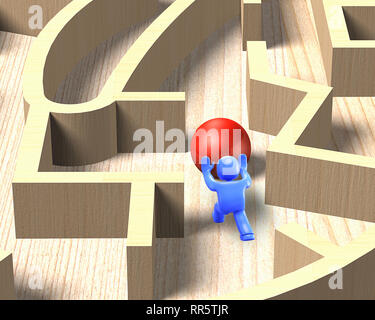 3d bleu homme poussant la balle rouge dans le jeu de labyrinthe en bois, 3D illustration. Banque D'Images