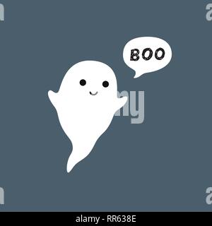 Cute little flying Ghost avec blanc bulle Boo. Visage souriant, les mains. Modèle plat. Illustration de Vecteur
