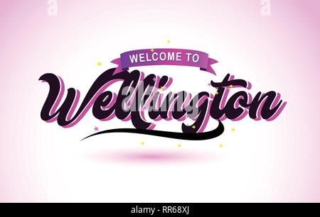 Bienvenue à Wellington texte créatif avec police manuscrite Purple Pink Colors Design Vector Illustration. Illustration de Vecteur