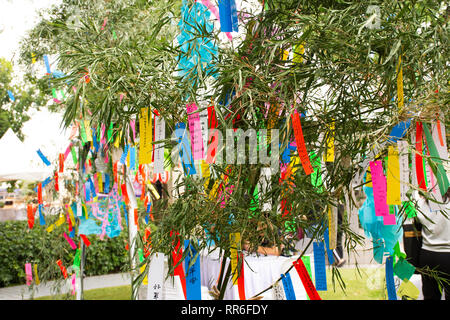 Les gens d'affaires inscrivez-vous et souhaite écrire sur papier et l'accrocher sur l'arbre en bambou Tanabata festival japonais Star ou le Japon au village le 8 juillet, 2018 à Ay Banque D'Images