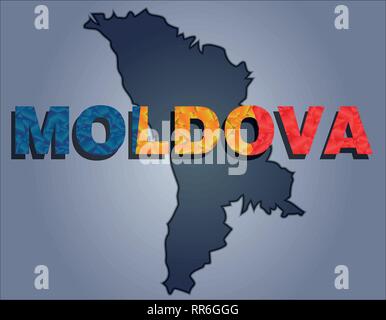 Les contours du territoire de la Moldova dans les tons de gris et la Moldova dans word couleurs du drapeau officiel, rouge jaune et bleu Illustration de Vecteur