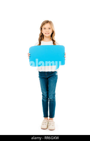 Cute smiling child holding blue speech bubble isolated on white Banque D'Images