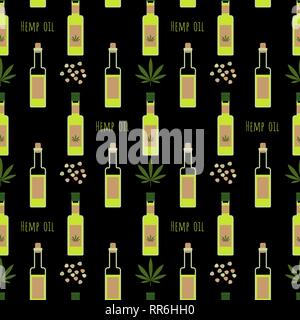 L'huile de chanvre modèle transparente sur fond noir. Les produits du cannabis concept. Vector Illustration de Vecteur