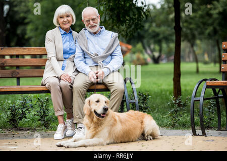 Happy senior couple sitting on wooden bunch et adorable chien golden retriever couché à proximité Banque D'Images