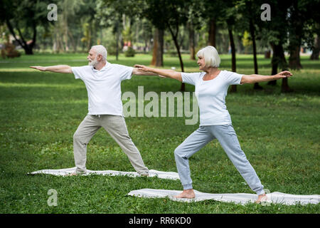 Senior couple standing in warrior II pose sur un tapis de yoga in park Banque D'Images