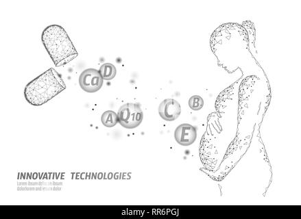 Complément alimentaire grossesse vitamine capsule. Soins de santé maternité médecine pharmaceutique chimie sciences innovation la technologie de rendu 3D polygonale. Femme Illustration de Vecteur