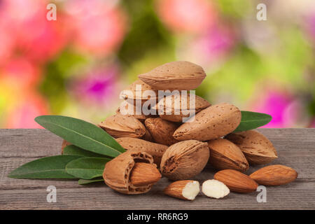 Des tas d'amandes dans leur peau et décortiquées avec feuille isolé sur fond blanc Banque D'Images