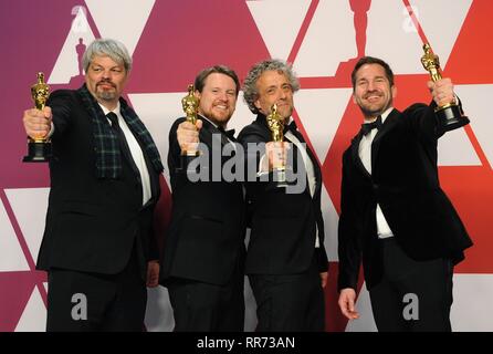 Los Angeles, CA, USA. Feb 24, 2019. Ian Hunter, J.D. Schwalm, Paul Lambert, Tristan Myles dans la salle de presse pour la 91e Academy Awards - Salle de presse, le Kodak Theater à Hollywood et Highland Center, Los Angeles, CA, 24 février 2019. Credit : Elizabeth Goodenough/Everett Collection/Alamy Live News Banque D'Images