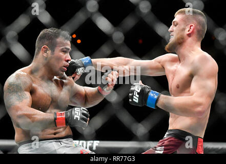 Prague, République tchèque. Feb 23, 2019. Ismail Naurdiev (droite) de l'Autriche se bat avec Michel Prazeres au Brésil pendant l'UFC Fight Night Prague, le 23 février 2019 à Prague, République tchèque. Photo : CTK Vit Simanek/Photo/Alamy Live News Banque D'Images