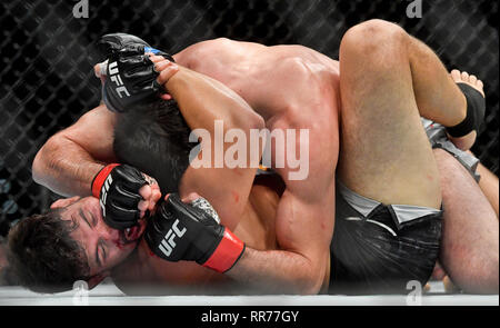 Prague, République tchèque. Feb 23, 2019. Magomed Ankalaev (up) de la Russie se bat avec Klidson Abreu au Brésil pendant l'UFC Fight Night Prague, le 23 février 2019 à Prague, République tchèque. Photo : CTK Vit Simanek/Photo/Alamy Live News Banque D'Images