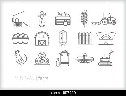 Ensemble de 15 icônes de ligne de ferme pour une exploitation agricole familiale dans une région rurale, y compris produire, grange et l'équipement agricole Illustration de Vecteur