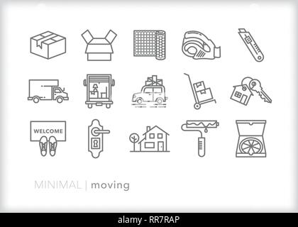Ensemble de 15 icônes de ligne de déménagement maison d'objets à utiliser lorsqu'une famille ou personne déplace les meubles et effets personnels à une nouvelle maison Illustration de Vecteur