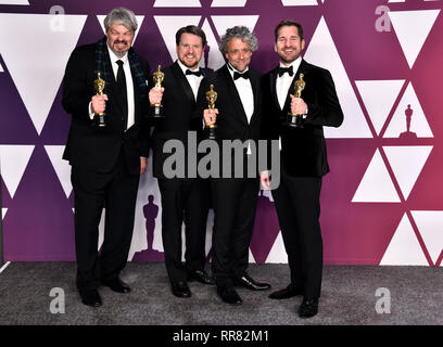 Paul Lambert, Ian Hunter, Tristan Myles et J.D. Schwalm avec leurs meilleurs effets visuels Oscar du premier homme dans la salle de presse lors de la 91e Academy Awards tenue au Kodak Theater à Hollywood, Los Angeles, USA. Banque D'Images