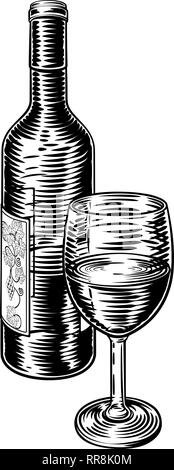 Bouteille de vin en verre et la gravure sur bois Vintage Illustration de Vecteur