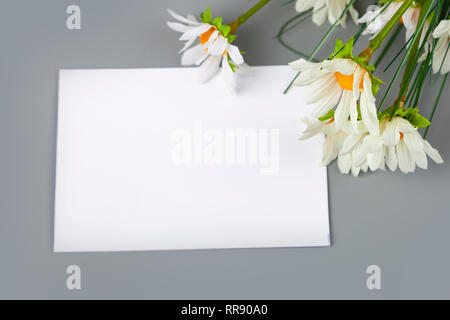 Bouquet de marguerites et une carte sur un fond gris. Banque D'Images